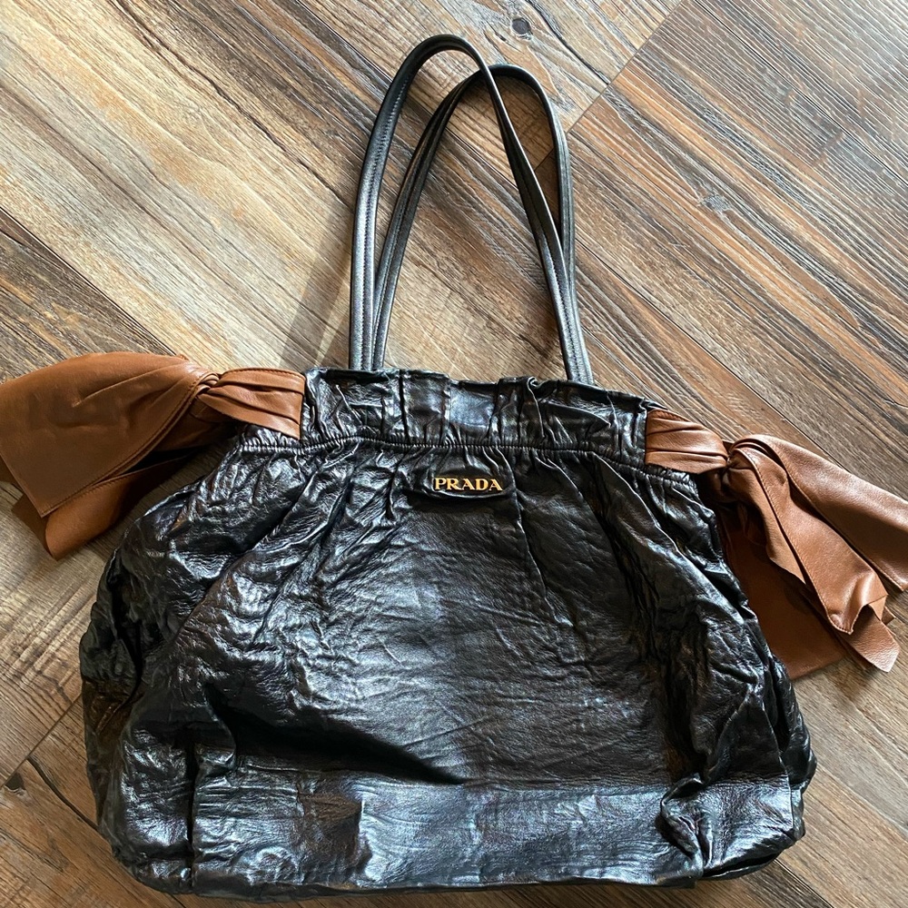 PRADA Black/Brown Nappa Antique Leather Bow Bag